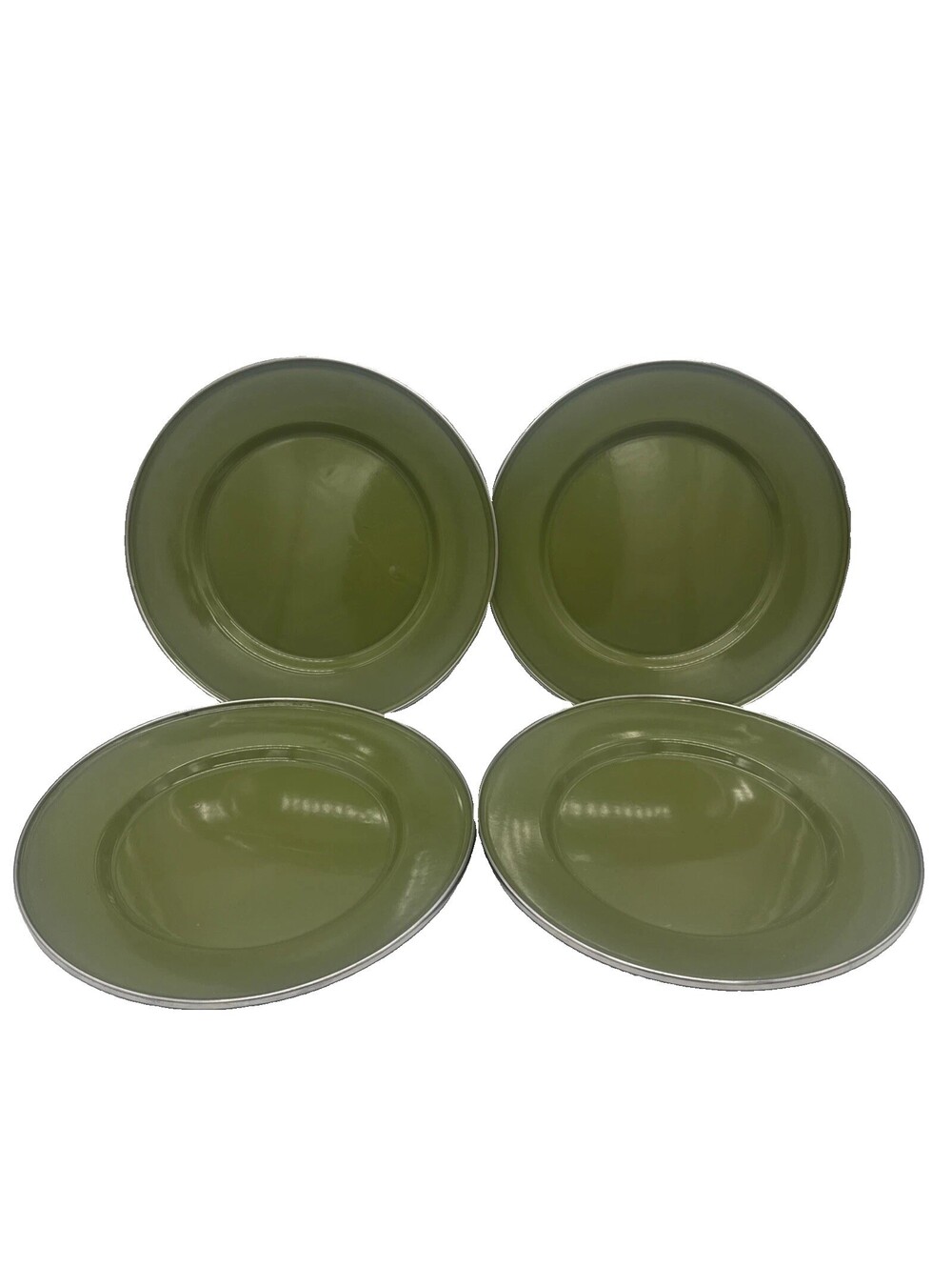 Crate & Barrel Olive Green Enamelware Metal Plate Chargers Set of 4 Silver Rim